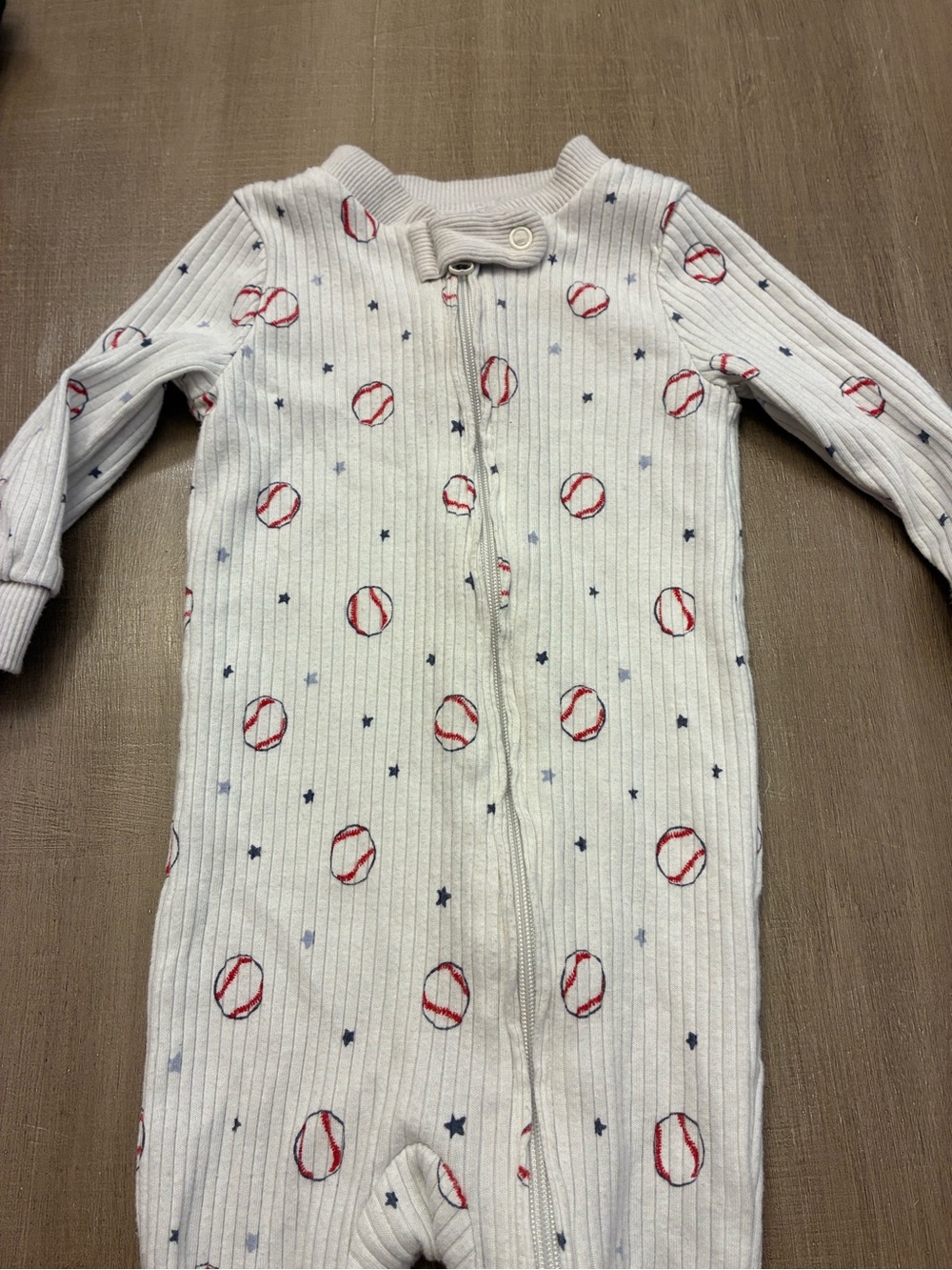 Baby Ribbed One-Piece Footed Pajamas - White with Red & Blue Print